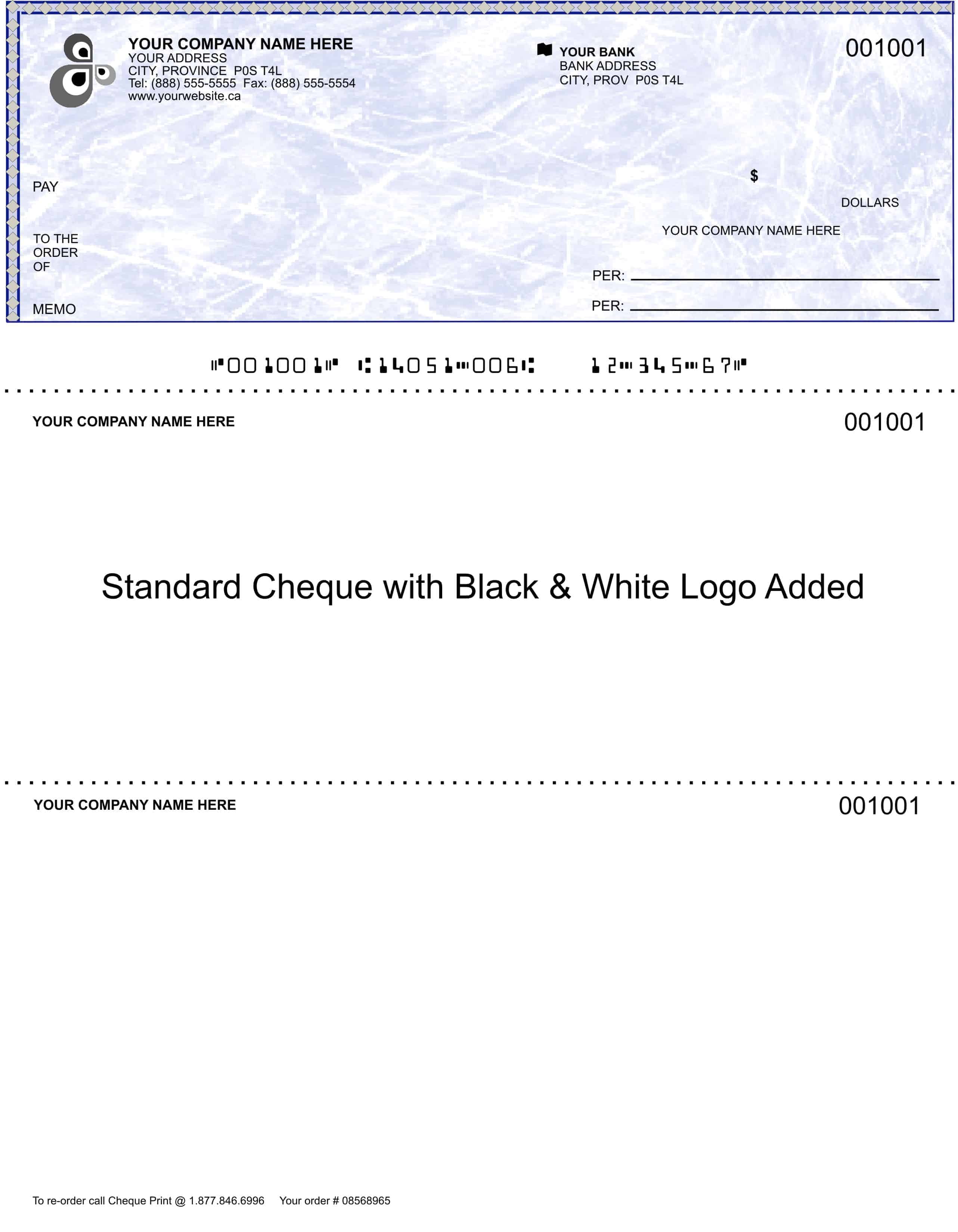 Standard cheque with black and white logo added